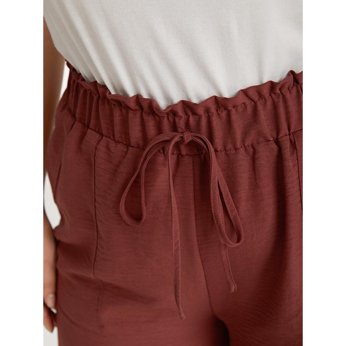 Plus Size Solid Paperbag Waist Pocket Ties Pants Women Tan Elegant High Rise Dailywear Pants BloomChic 10/M Product Image