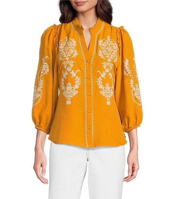 Calessa Embroidered Placement Print Ruffle Split V-Neck 3/4 Sleeve Button-Front Tunic Product Image