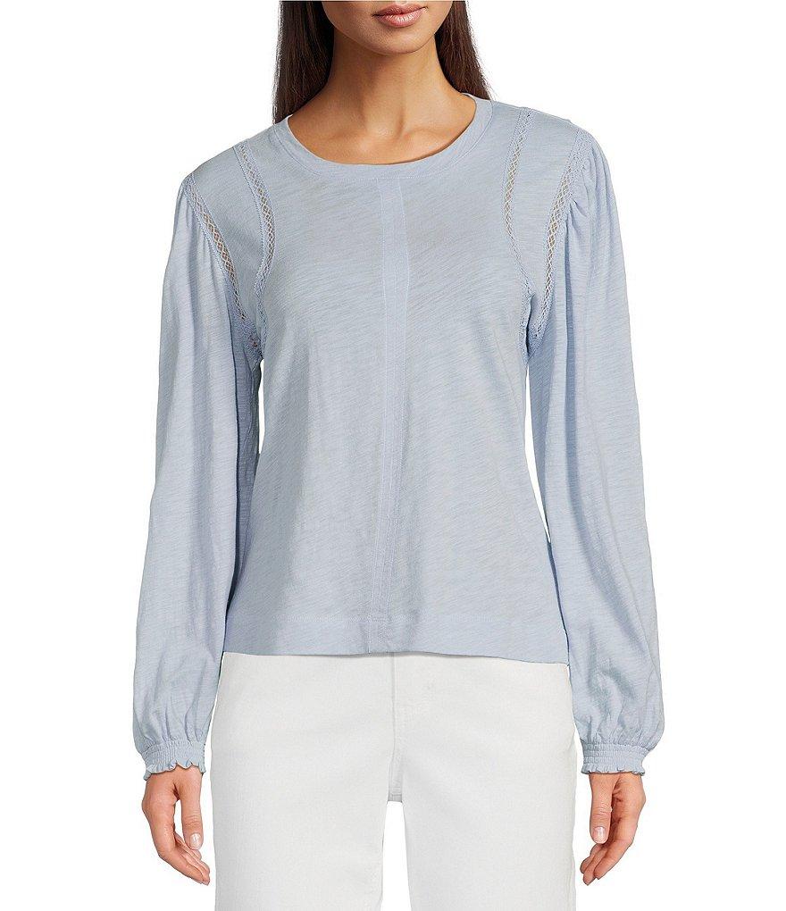 Democracy Petite Size Knit Crew Neck Long Sleeve Crochet Fagoting Detail Top Product Image