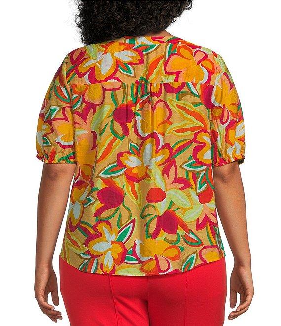 Slim Factor By Investments Plus Size Julia Gold Fusion Multi Paradise Floral Print V-Neck Short Sleeve Top Product Image