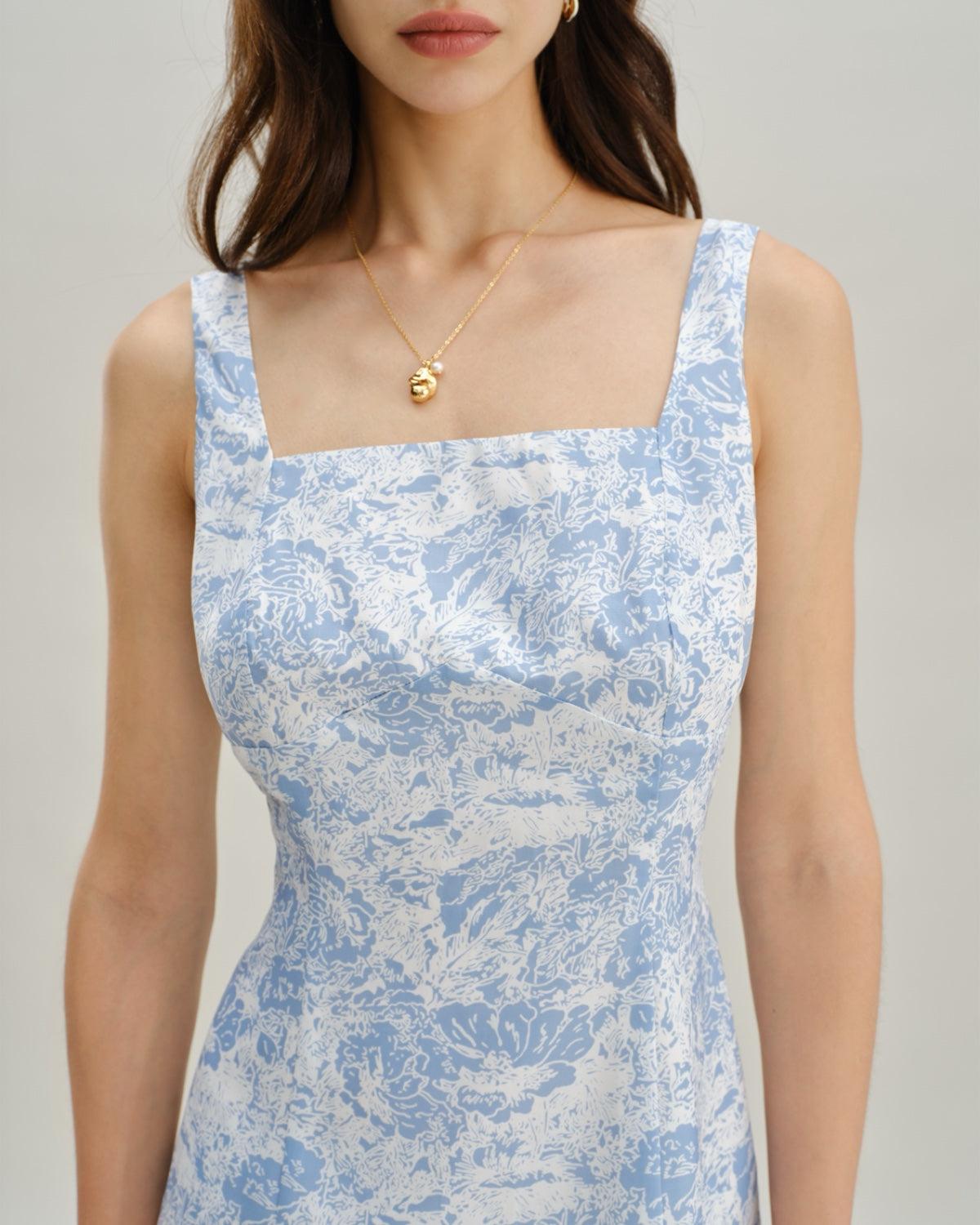 Blue Floral Square Neck A-Line Slip Mini Dress Product Image