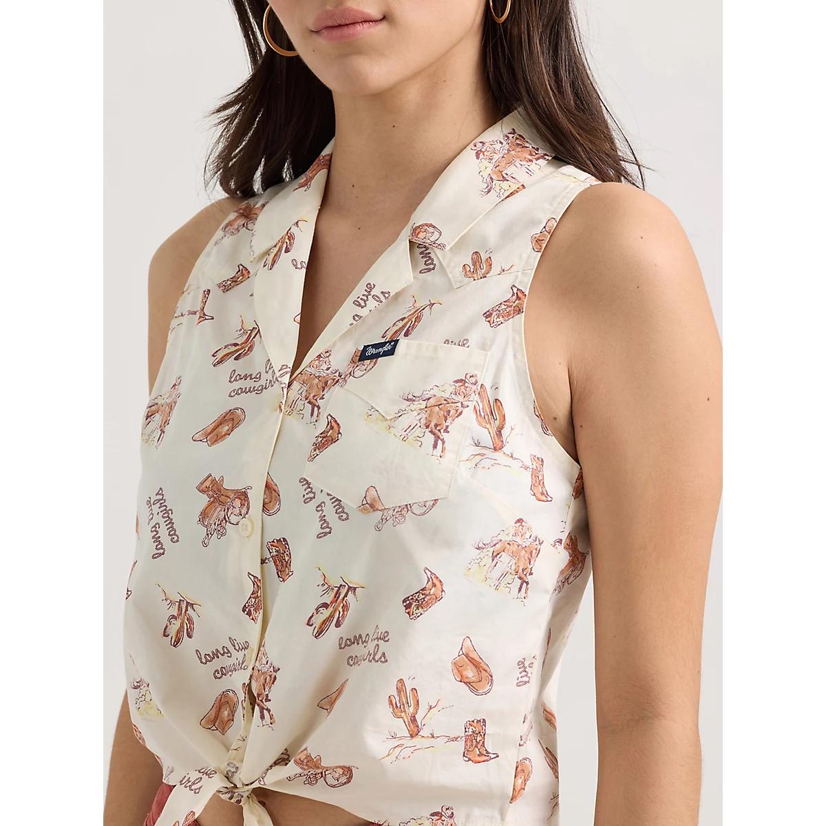 Women's Bold Printed Sleeveless Tie Front Shirt in Horse Stripe Product Image