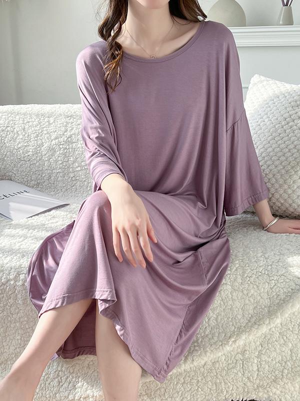 High Waisted Loose Solid Color Split-Joint Round-Neck Pajama Dress Product Image