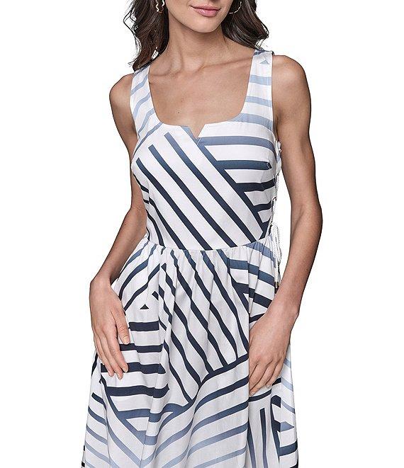 KARL LAGERFELD PARIS Stretch Sateen Stripe Print Scoop Neck Sleeveless Sheath Midi Dress Product Image
