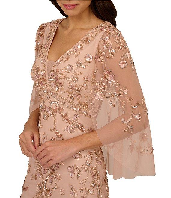 Adrianna Papell Beaded Mesh Floral Print V Neck Long Flutter Sleeve Capelet Long Gown Product Image