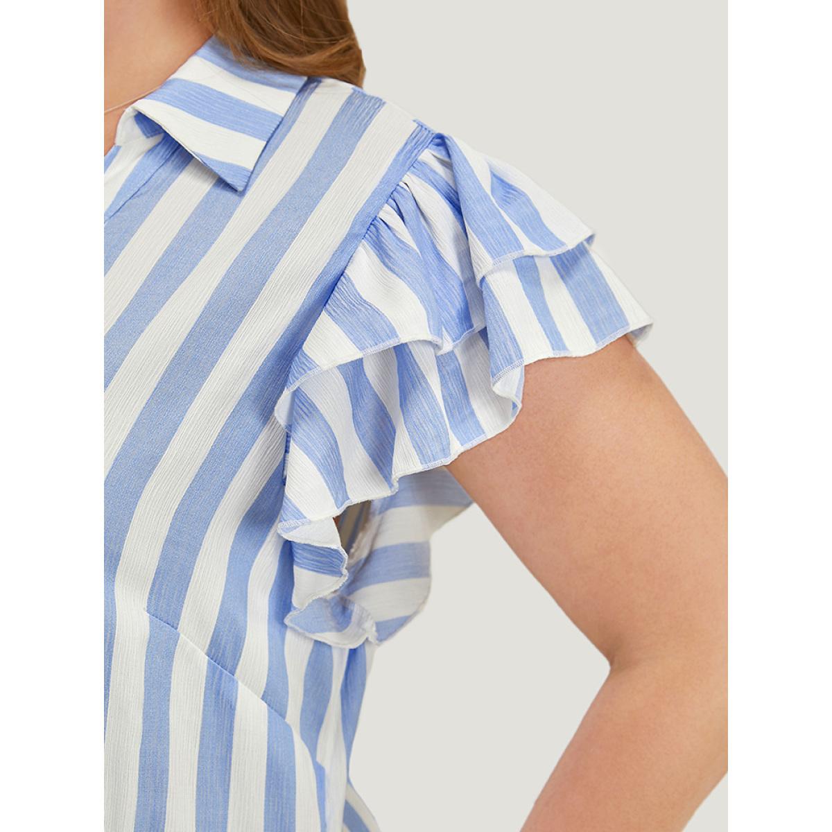 Plus Size Striped Print Ruffles Layered Cap Sleeve Button Up Dress LightBlue Women Office Contrast Lapel Collar Cap Sleeve Curvy Knee Dress BloomChic 12/L Product Image