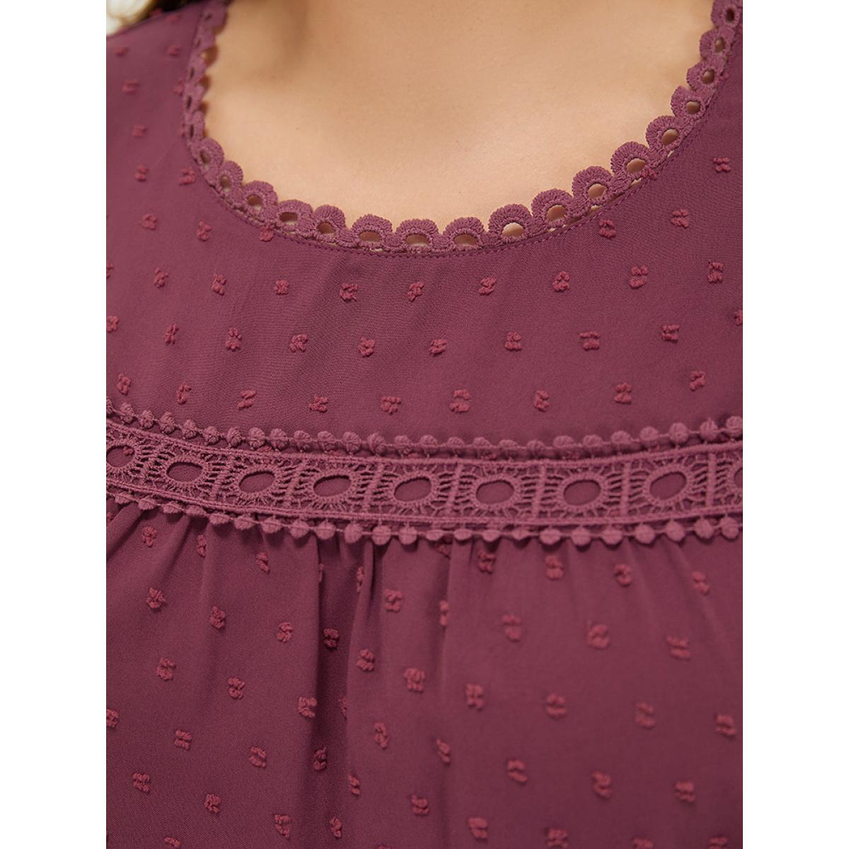 Plus Size RedViolet Polka Dot Gathered Lace Blouse Women Elegant Short sleeve Round Neck Dailywear Blouses BloomChic 10/M Product Image