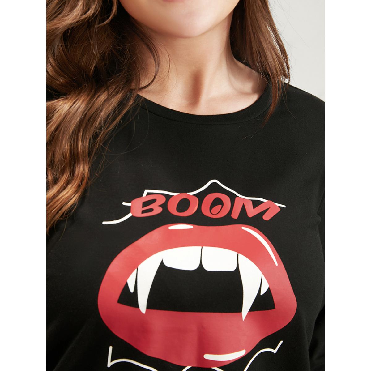Plus Size Halloween Lip Print Pajama Set Women Black Graphic-Halloween Printed Long Sleeve Round Neck Casual Loungewear Sets BloomChic 10/M Product Image