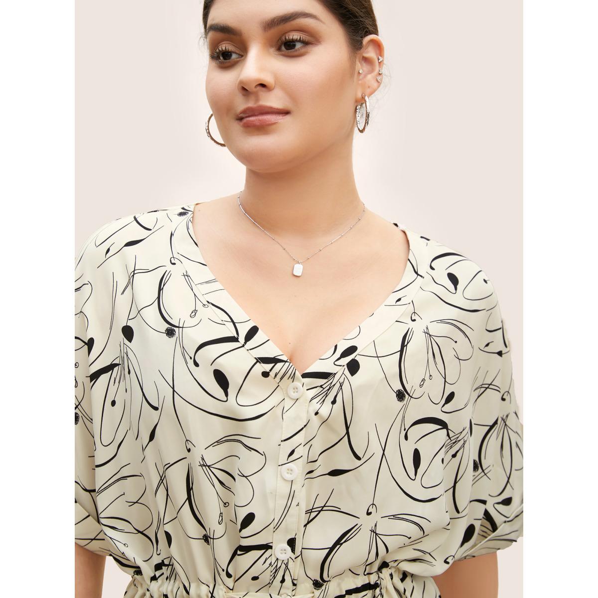 Plus Size Ivory Geometric Print Drawstring Cuffed Sleeve Blouse Women Work From Home Short sleeve V-neck Work Blouses BloomChic 12/L Product Image