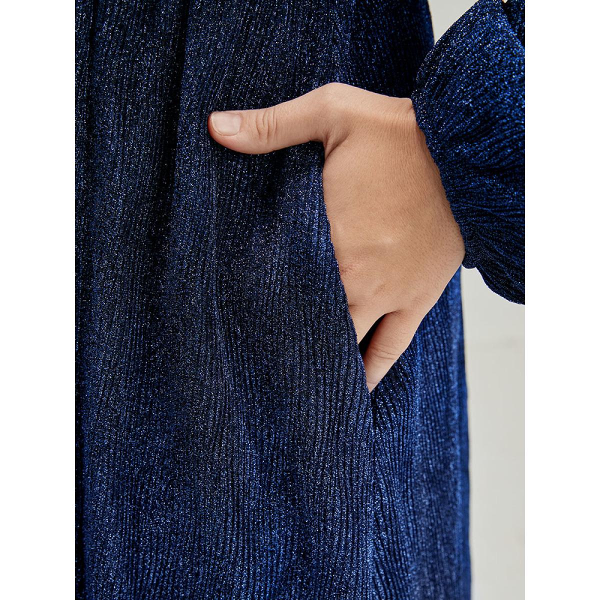 Plus Size Solid Lantern Sleeve Sequin Split Hem Dress DarkBlue Women Party Elastic Waist V-neck Long Sleeve Curvy Midi Dress BloomChic 22-24/3X Product Image