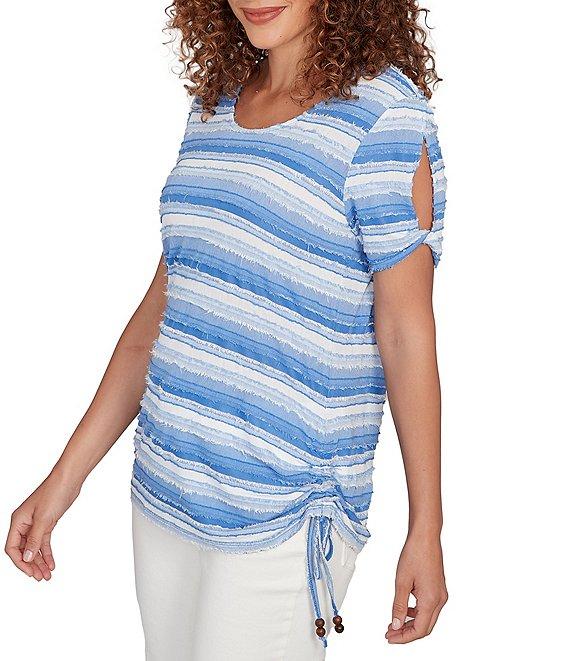 Ruby Rd. Petite Size Yarn-Dyed Knit Stripe Scoop Neck Short Sleeve Side Ties Top Product Image