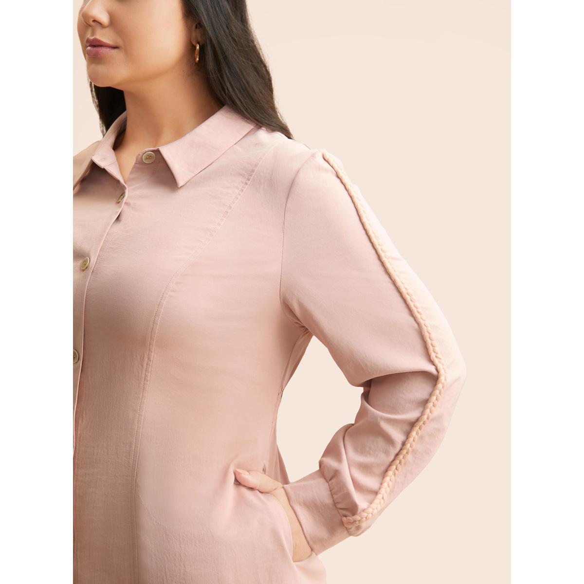 Plus Size Shirt Collar Shirred Woven Ribbon Dress Crepe Women Elegant Woven ribbon&lace trim Shirt collar Long Sleeve Curvy BloomChic 12/L Product Image