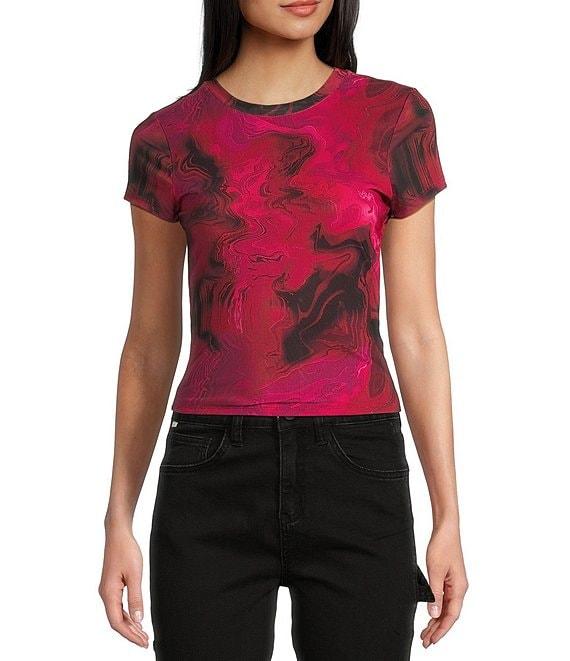 Stevie by Steve Madden Crew Neck Allover Marble Printed Mesh T-Shirt Product Image