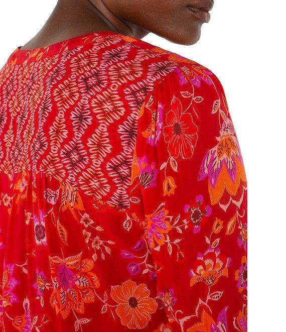 Liverpool Los Angeles Petite Size Woven Floral Split V-Neck Long Sleeve Button Front Blouse Product Image