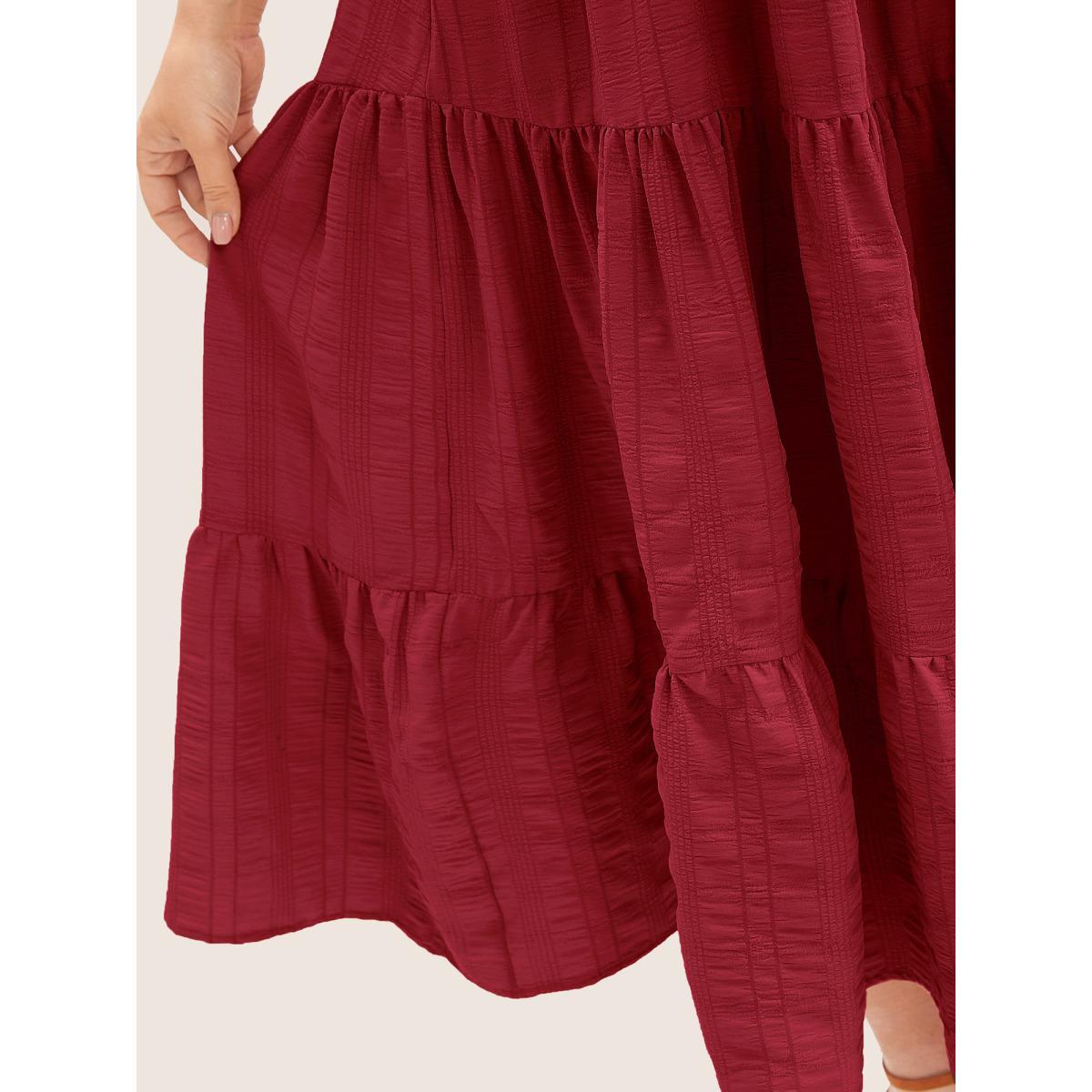 Plus Size Plain Ruched Drawstring Pocket Ruffle Tiered Dress Raspberry Women Elegant Non V-neck Short sleeve Curvy Midi Dress BloomChic 10/M Product Image