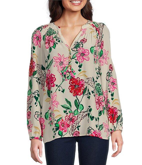 Lilly Pulitzer Elsa Silk Printed V-Neck Bracelet Sleeve Blouse Product Image