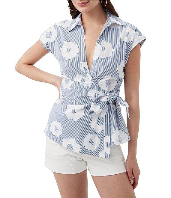 Trina Turk Avant Stripe Floral Print Collar V-Neck Cap Sleeve Wrap Top Product Image