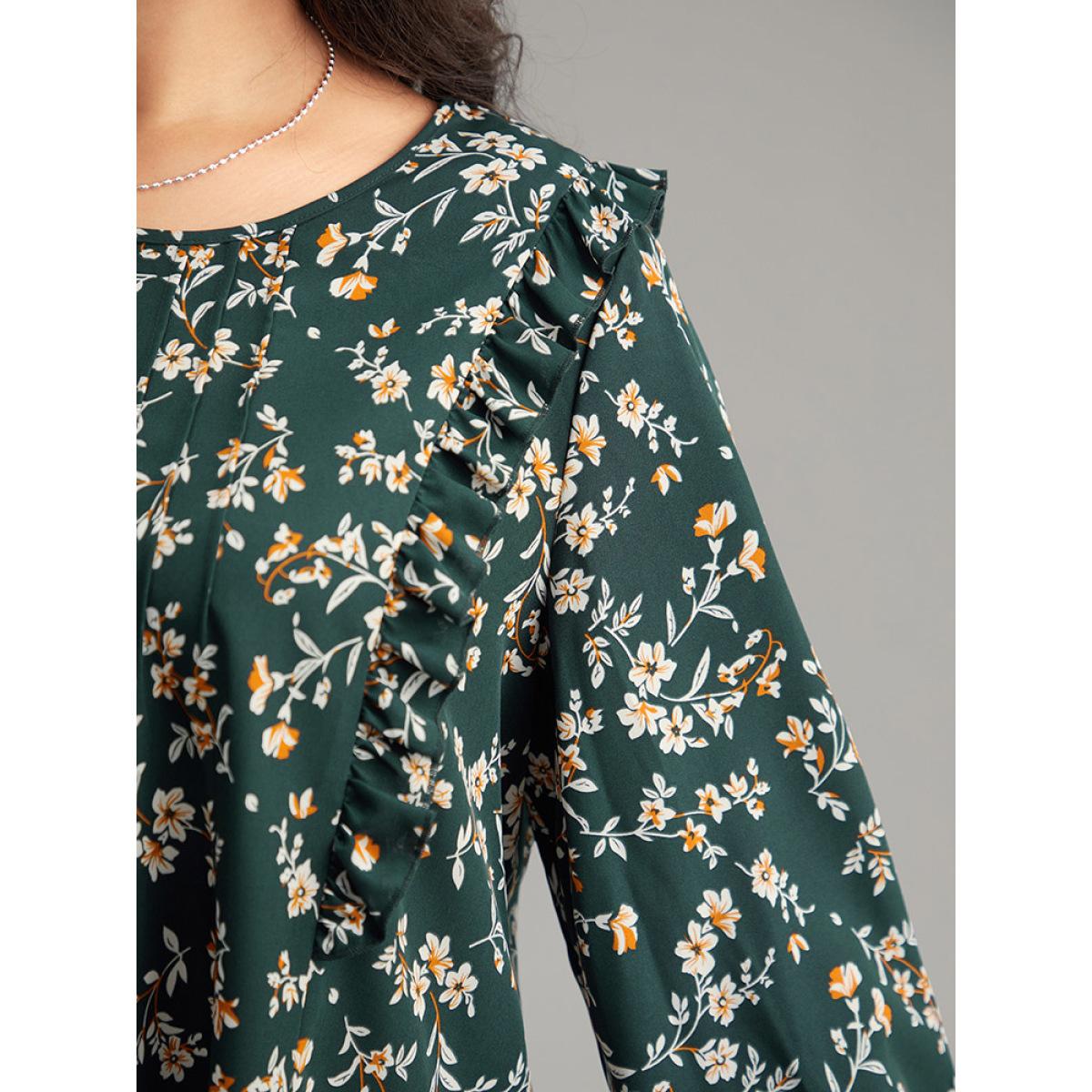 Plus Size DarkGreen Ditsy Floral Shirred Cuffs Frill Trim Blouse Women Elegant Long Sleeve Round Neck Dailywear Blouses BloomChic 26/4X Product Image