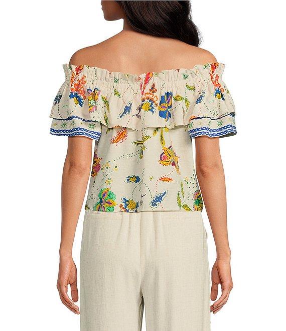 Sugarlips Linen Floral Print Off the Shoulder Short Sleeve Top Product Image
