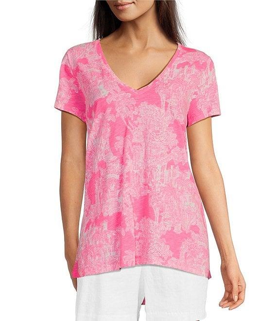 Lilly Pulitzer Etta Knit Anniversary Toile Print V-Neck Short Sleeve Tee Product Image