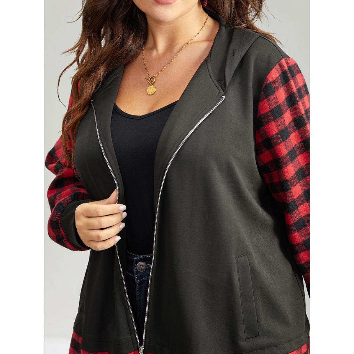 Plus Size Gingham Patchwork Hooded Zipper Contrast Coat Women Red Contrast Pocket Dailywear Jackets BloomChic 22-24/3X Product Image