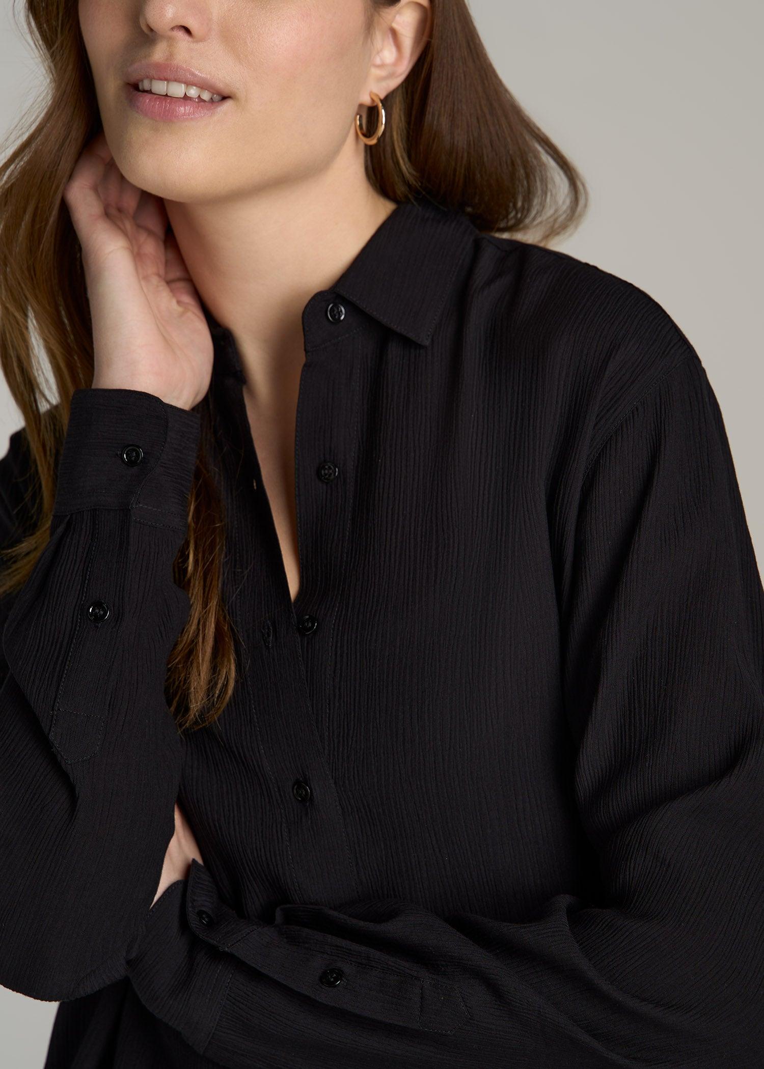 Long Sleeve Crinkle Blouse for Tall Women in Black Female Product Image