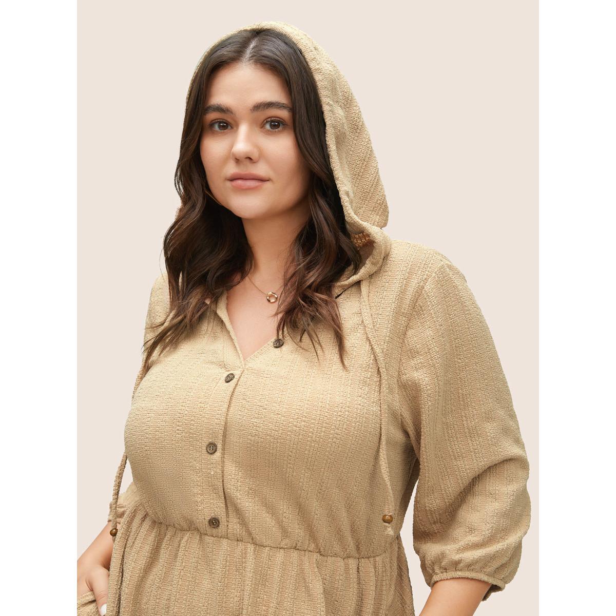 Plus Size Plisse Hooded Pocket Button Detail Ties Dress Tan Women Casual Non Hooded Elbow-length sleeve Curvy Midi Dress BloomChic 12/L Product Image