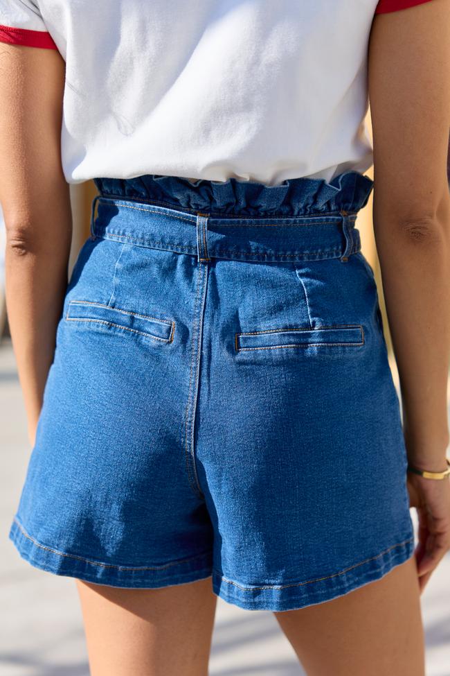 What's New Dark Wash Paperbag Waist Belted Denim Shorts Product Image