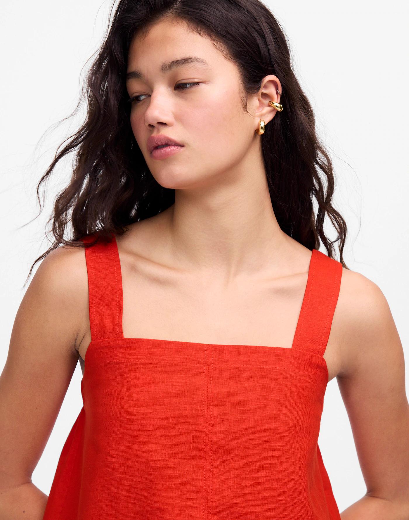 Contrast-Stitch Squareneck Top in 100% Linen Product Image