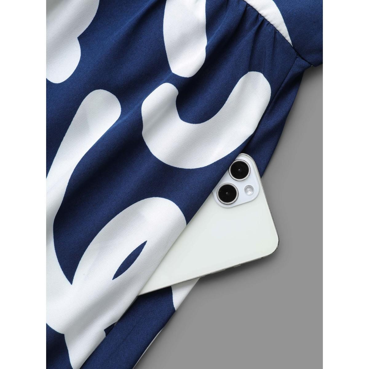 Plus Size Geometric Print Shirred Pocket Dress DarkBlue Women Elegant Shirred Mock Neck Long Sleeve Curvy BloomChic 26/4X Product Image