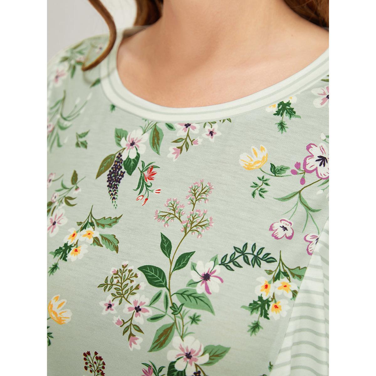 Plus Size Floral Patchwork Round Neck Striped Ruffle Trim T-shirt SpringGreen Women Elegant Striped Round Neck Dailywear T-shirts BloomChic 28/5X Product Image