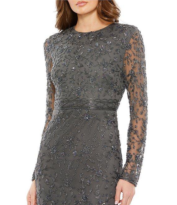 Mac Duggal Beaded Crew Neck 3/4 Sheer Sleeve Midi Dress Product Image