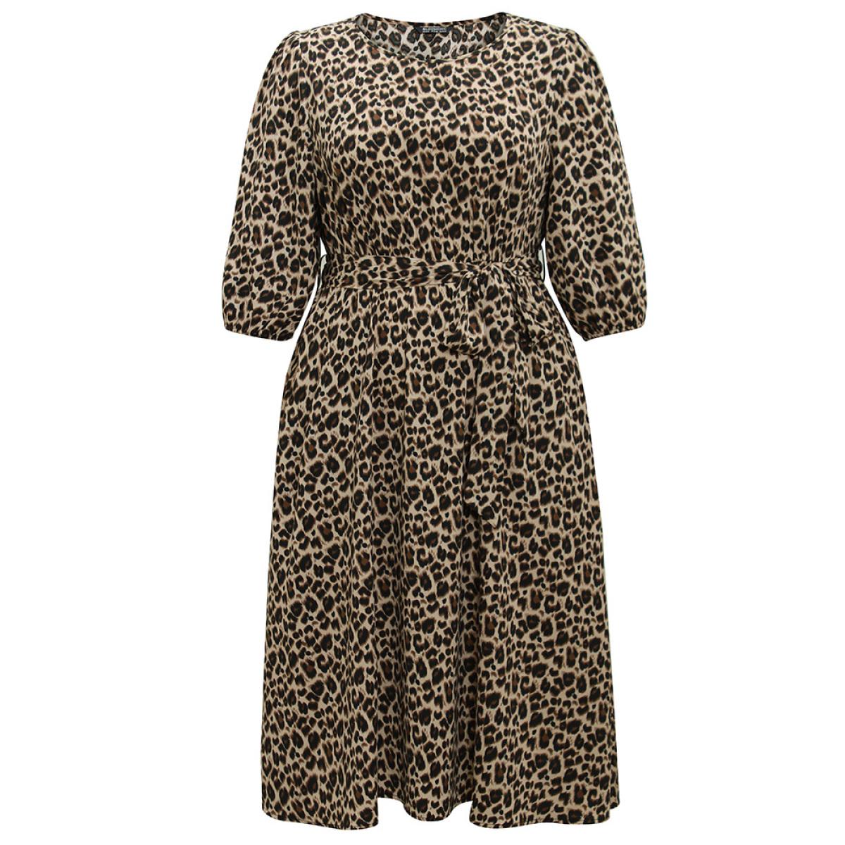 Plus Size Leopard Elastic Waist Belted Round Neck Dress LightBrown Women Office Elastic cuffs Round Neck Elbow-length sleeve Curvy Midi Dress BloomChic 10/M Product Image