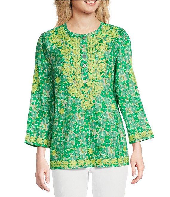 Calessa Petite Size Mini Floral Embroidered Round Neck Wrist Length Sleeve Tunic Product Image