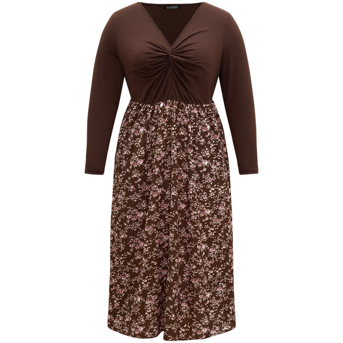 Plus Size Twist Front Ditsy Floral Patchwork Dress DarkBrown Women Elegant Elastic cuffs V-neck Long Sleeve Curvy Midi Dress BloomChic 30/6X Product Image