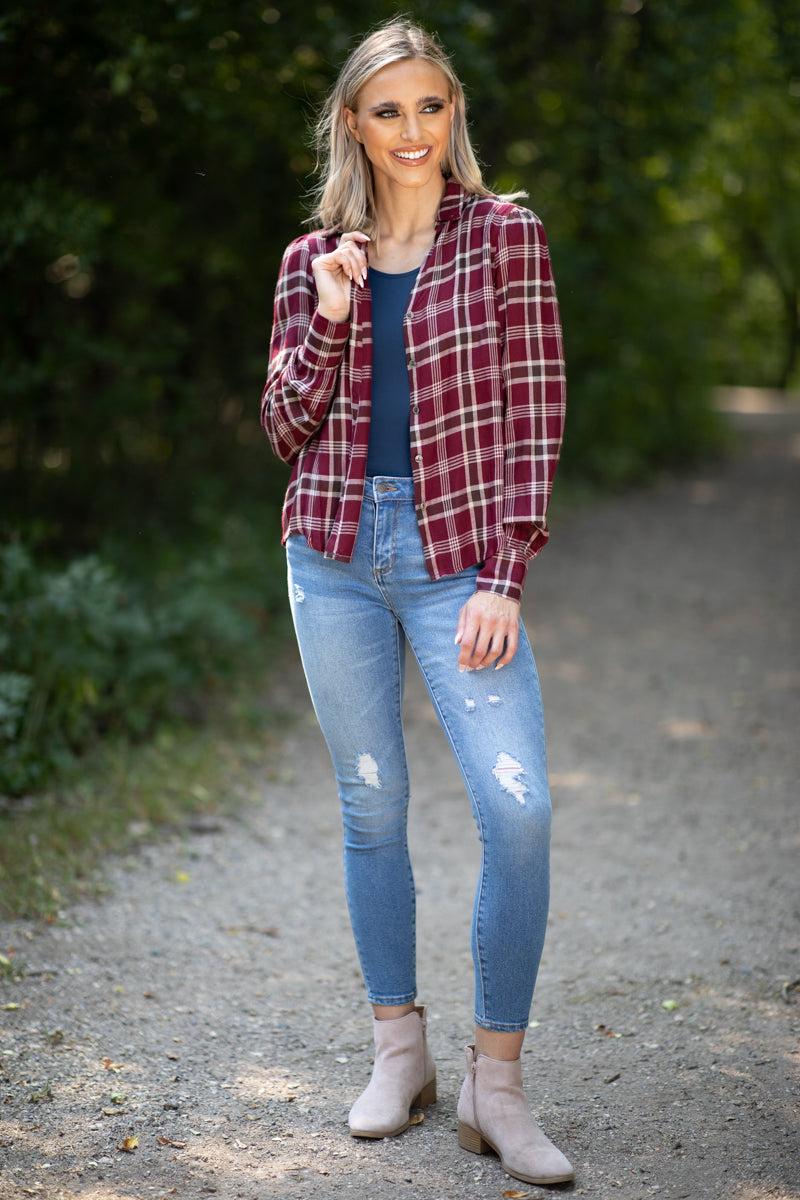 Burgundy and Beige Plaid Button Up Top Product Image