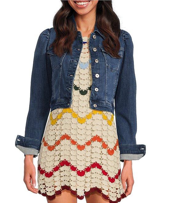 Chelsea & Violet Point Collar Long Puff Shoulder Sleeve Denim Short Statement Jacket Product Image