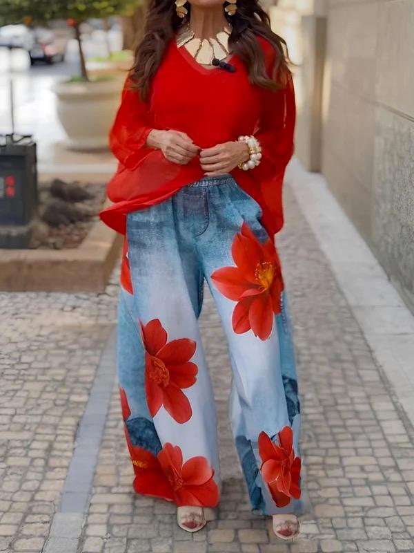 Loose Wide Leg Flower Print Jean Pants Bottoms Trousers Product Image