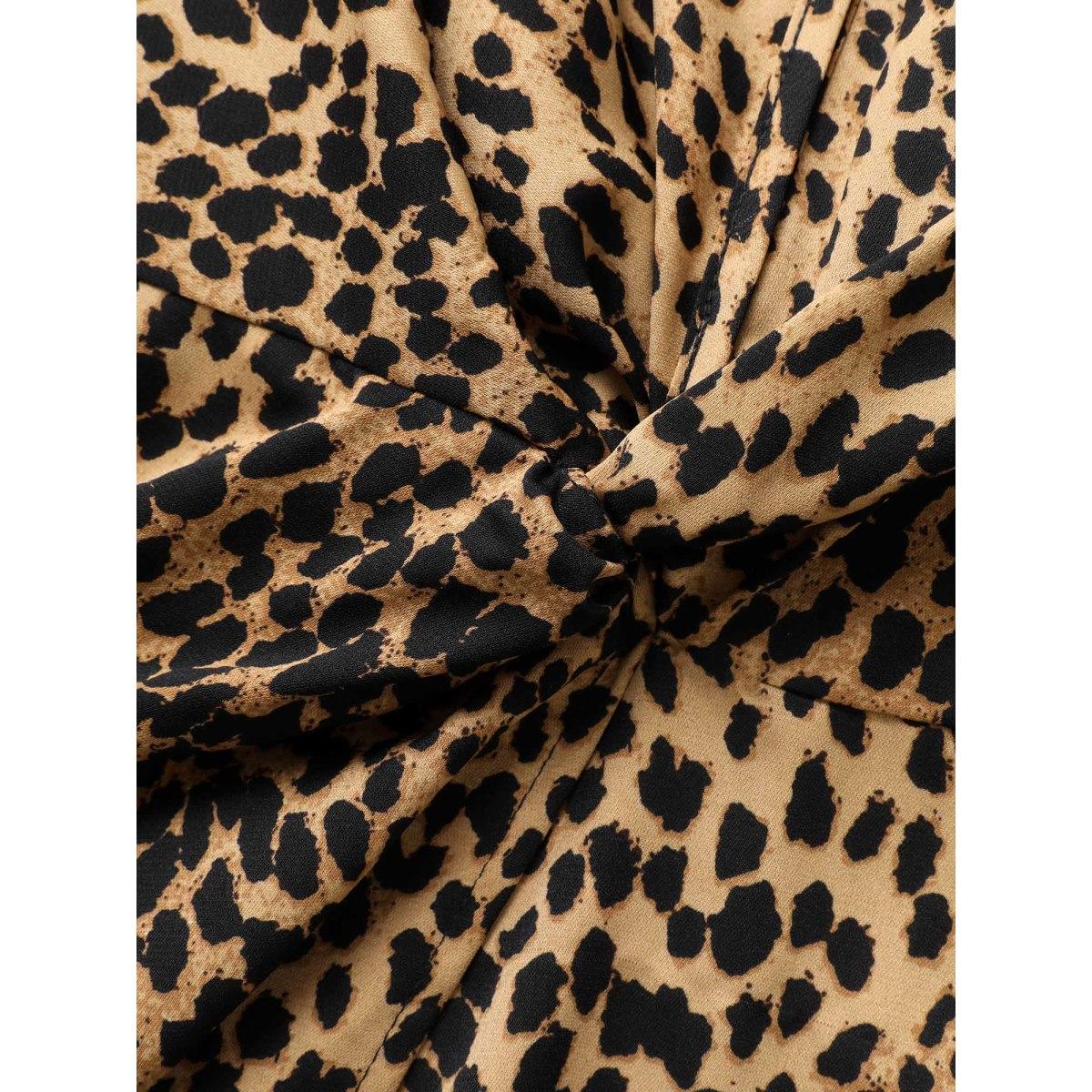 Plus Size Leopard Print Twist Front Cami Dress Bronze Women Elegant Twist Heart neckline Sleeveless Curvy BloomChic 10/M Product Image