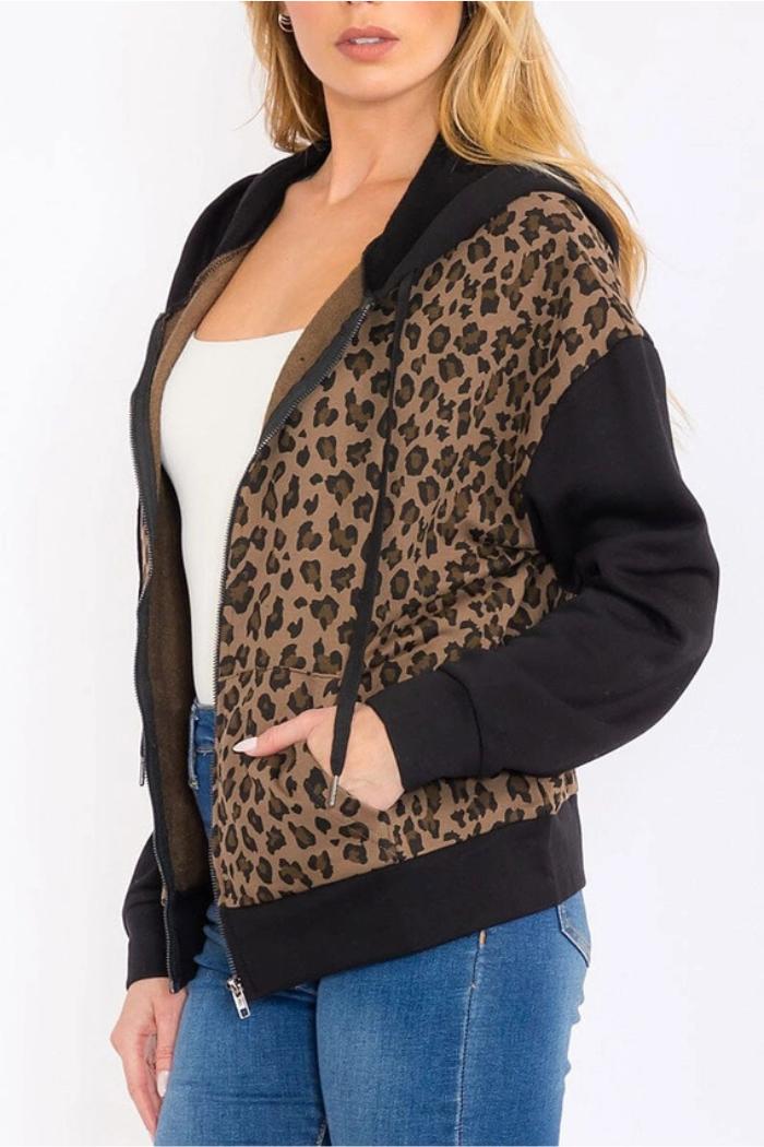 Zip Up Front Pockets Animal Print Hooded Jacket Product Image