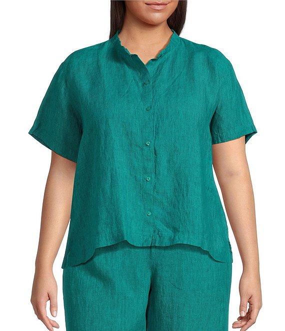 Eileen Fisher Plus Washed Organic Linen Mandarin Collar Short Sleeve Button Front Top Product Image