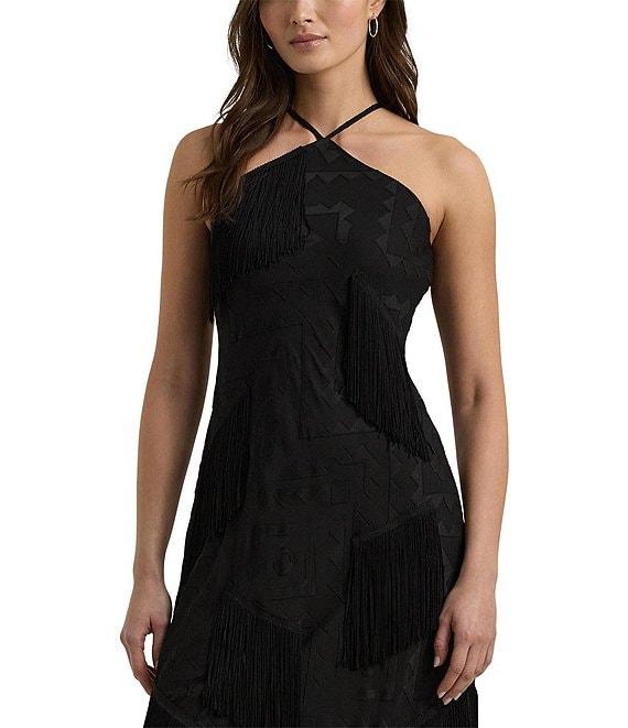 Lauren Ralph Lauren Fringe Trim Halter Neck Sleeveless Dress Product Image
