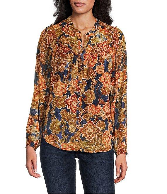 Figueroa & Flower Floral Split V-Neck Long Sleeve Button-Front Blouse Product Image