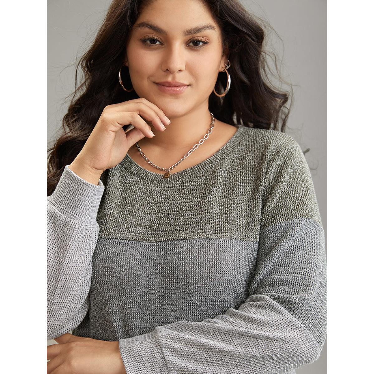 Plus Size Heather Colorblock Contrast Knit Sweatshirt Women Multicolor Casual Heather Round Neck Dailywear Sweatshirts BloomChic 14-16/1X Product Image