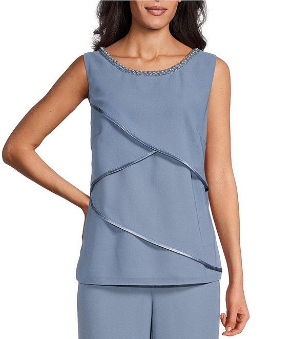 Le Bos Pebble Georgette Satin Trim Tiered Beaded Crew Neck 3/4 Sleeve 3-Piece Pant Set Product Image