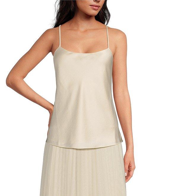 Tara Jarmon Tess Woven Satin Scoop Neck Pearl Detail Spaghetti Strap Tank Top Product Image