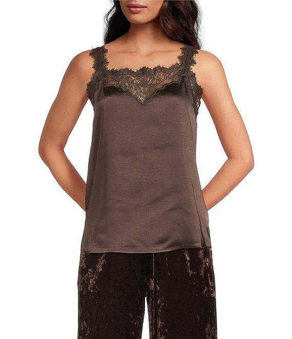 Skies Are Blue Satin V-Neck Sleeveless Delicate Lace Trimmed Cami Product Image
