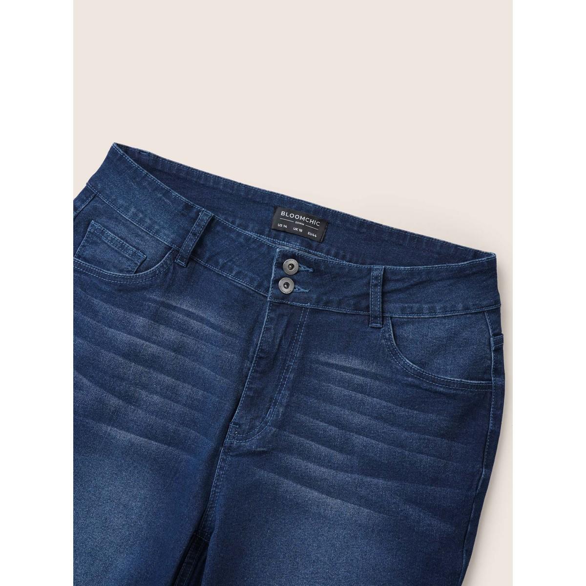 Plus Size Bodycon Roll Hem Medium Wash Jeans Women Blue Casual Plain Non High stretch Slanted pocket Jeans BloomChic 26/4X Product Image