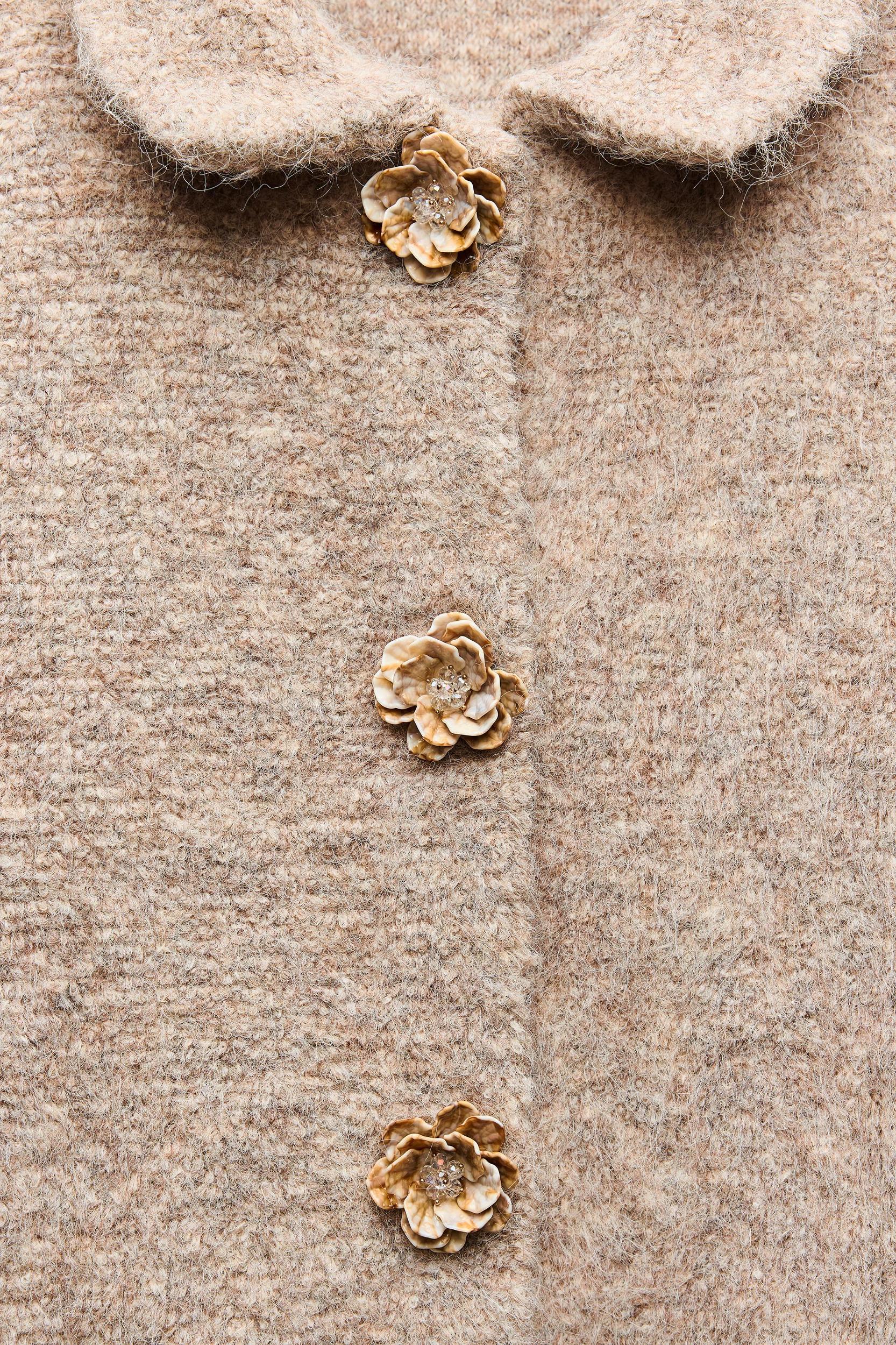 FAUX FUR KNIT CARDIGAN WITH FLOWER BUTTONS Product Image