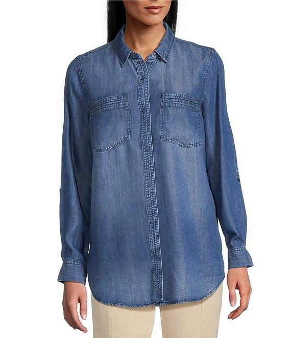 Intro Long Roll-Tab Sleeve Button Front Slub Lyocell Shirt Product Image